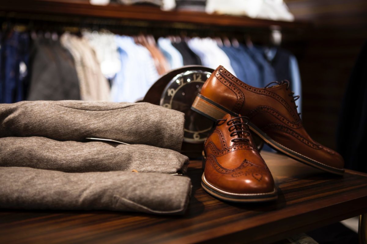 Pair of men's luxury shoes and business-casual clothing on a table, Men's Fashion and Footwear February 2019