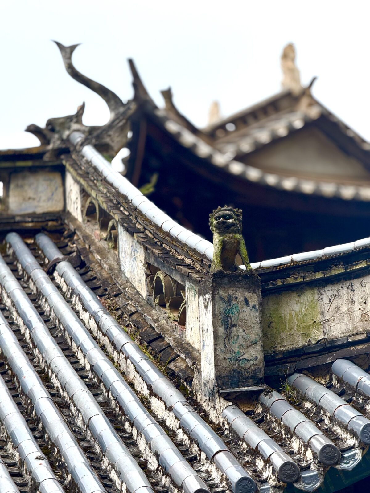 A unique Chinese rooftop creature decoration atop Guanyin Chen Temple
