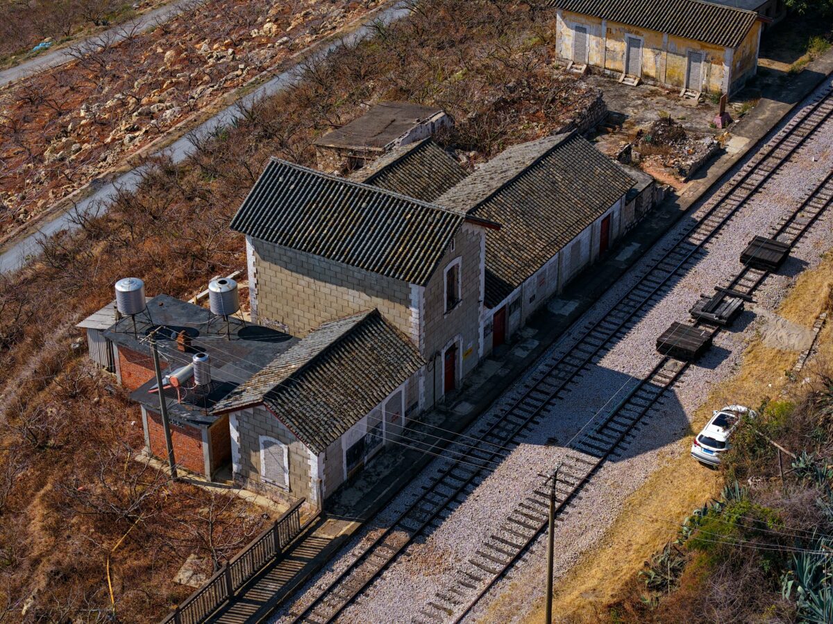 Aerial view of Heilongton Train Station outside Mengzi in Honghe Prefecture, Yunnan province