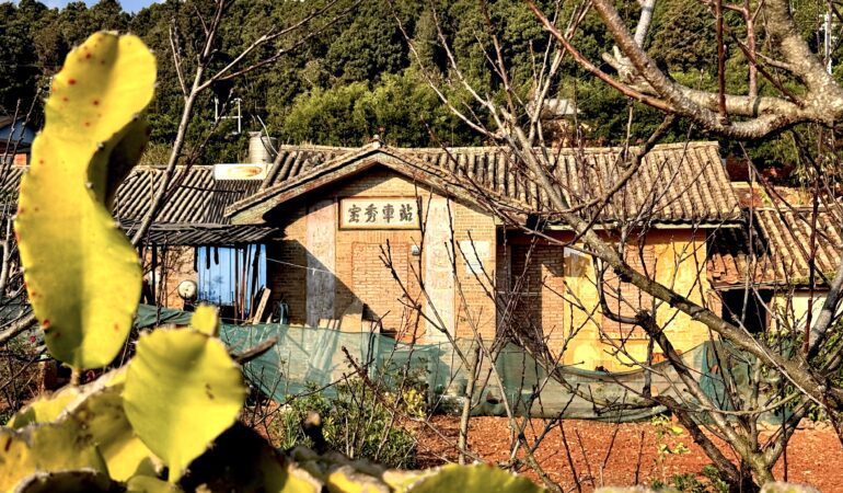 Baoxiu train station behind dragonfruit plants in Shiping, Yunnan